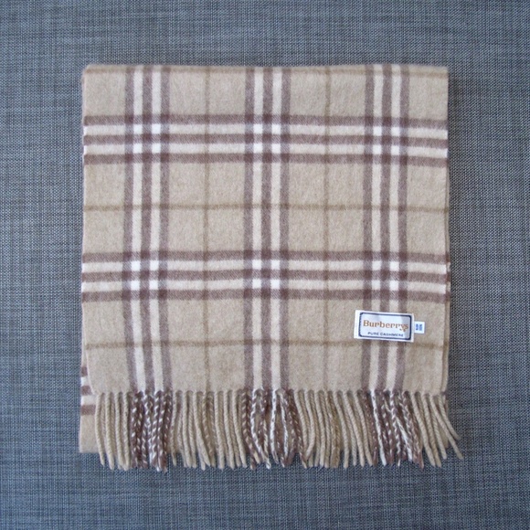 BURBERRYS Pure Cashmere Nova Plaid Scarf Tan Brown Natural 11.75 x 53 - Picture 6 of 10